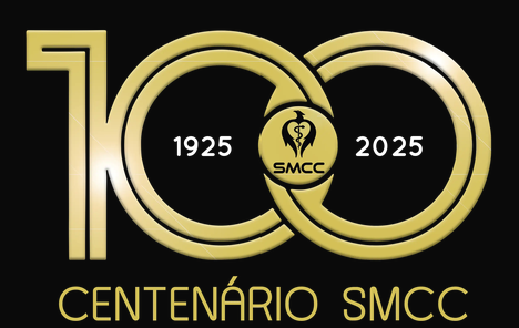 Arte do centenário com o número 100 dourado e os anos 1925 e 2025, identidade da Festa do Centenário da SMCC